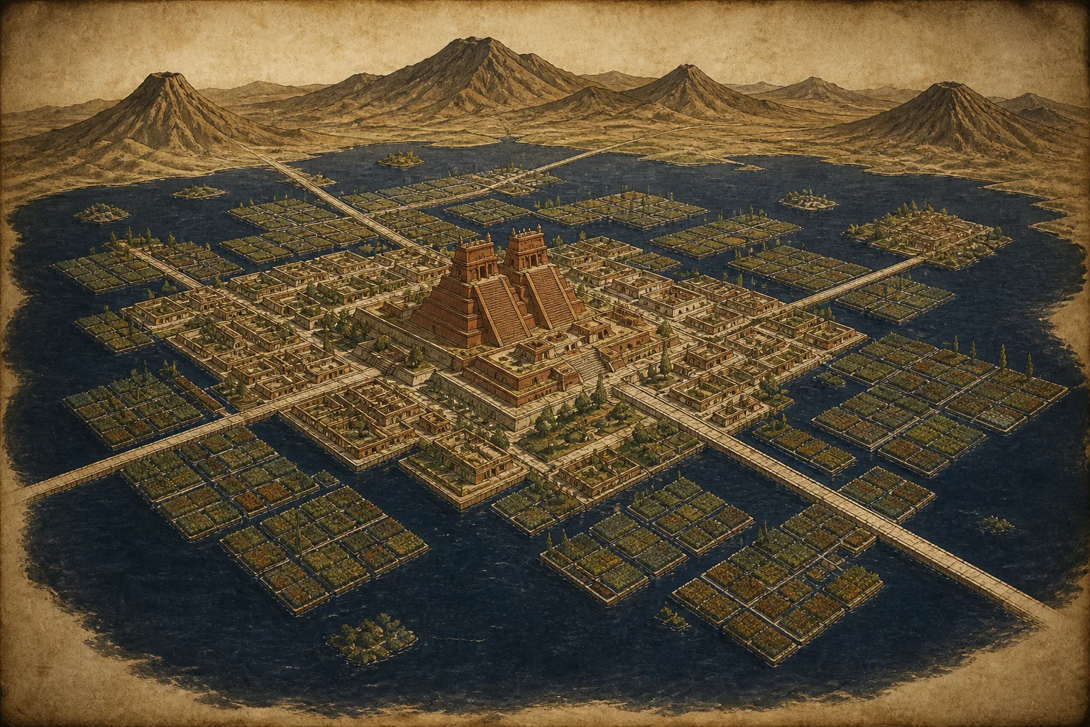Composição ilustrativa com cidade sobre lago, canais percorridos por canoas, plataforma de templo duplo ao fundo e vulcões no horizonte em tons de turquesa e ocre.