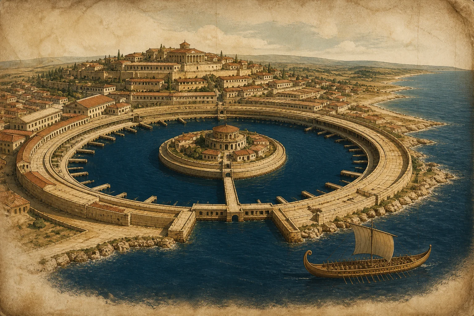 Composição ilustrativa com enseada de porto circular, cascos de navios encostados e muralha de pedra clara sob luz de fim de tarde, evocando a Cartago púnica.