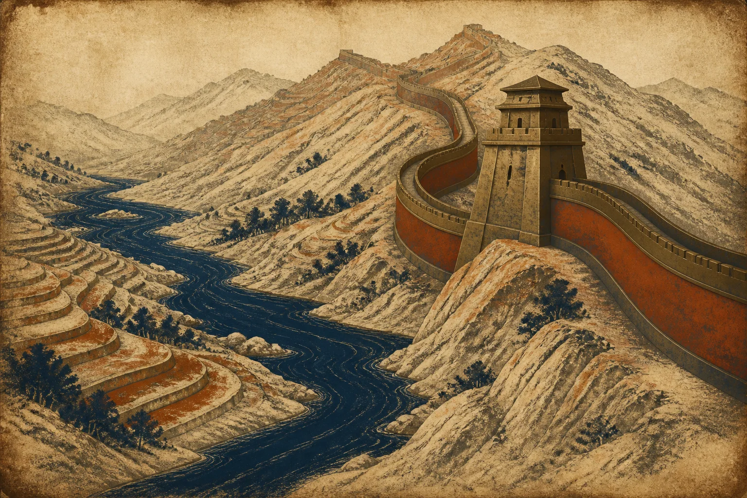 Composição ilustrativa com vaso ritual de bronze, telhado de beiral curvo e cordilheira ao fundo em tons de jade, carmim e grafite, evocando a China Antiga.