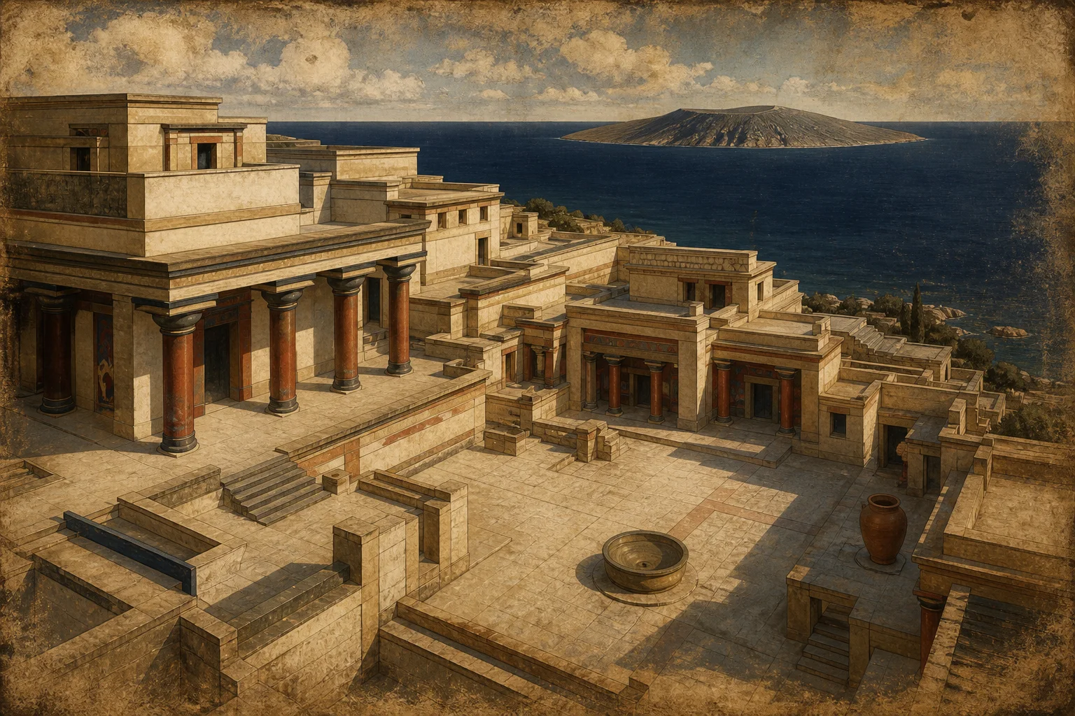 Composição ilustrativa com pátio de palácio, colunas de fuste invertido em vermelho e ocre e mar aberto ao fundo, evocando a Creta minoica.