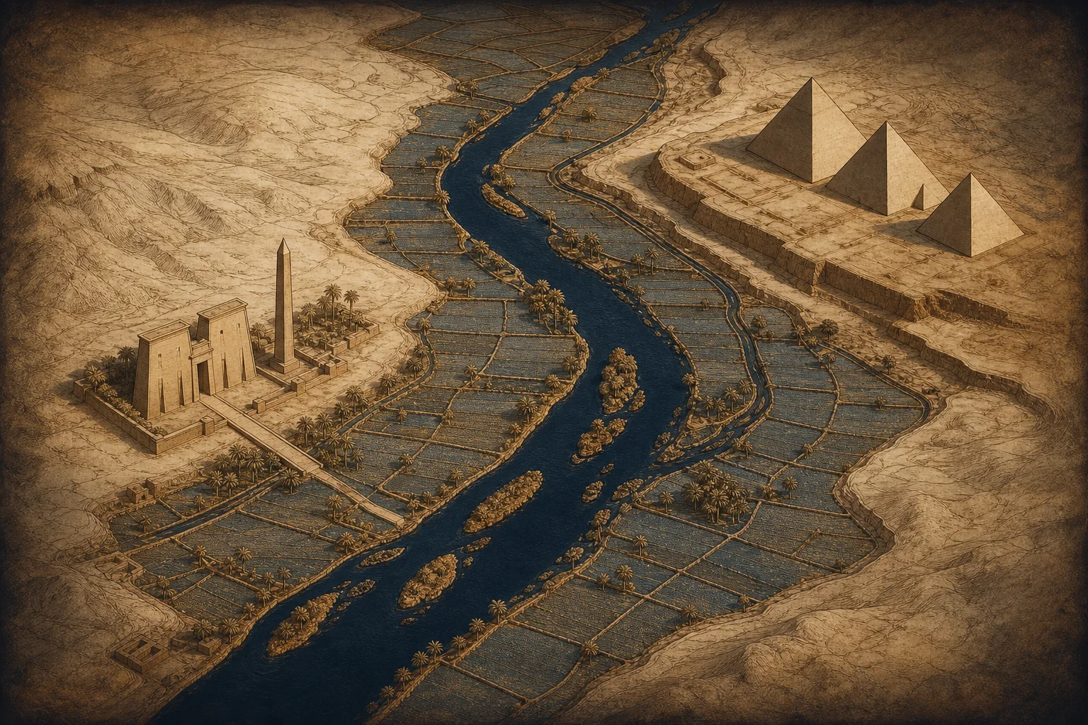 Composição ilustrativa com margem fluvial, campos alagados e volumes geométricos de pedra em tons de terracota e bronze, evocando o Egito Antigo.