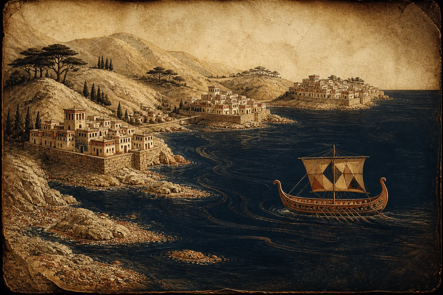Composição ilustrativa com cais de pedra, navio de casco redondo, ânforas empilhadas e tecidos em tom de púrpura sob luz de fim de tarde, evocando as cidades fenícias.