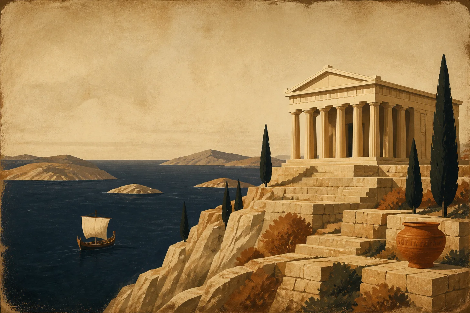 Composição ilustrativa com colunata de mármore claro, encosta rochosa e mar aberto ao fundo, em tons de areia e azul profundo, evocando o mundo das poleis.