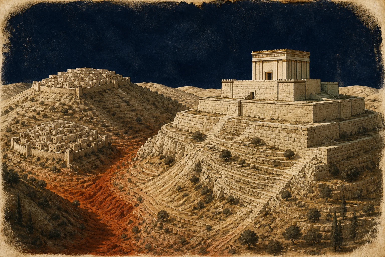 Composição ilustrativa com colinas áridas em terraços, muralha de pedra calcária e rolo de escrita aberto sob luz difusa, evocando o antigo Israel.