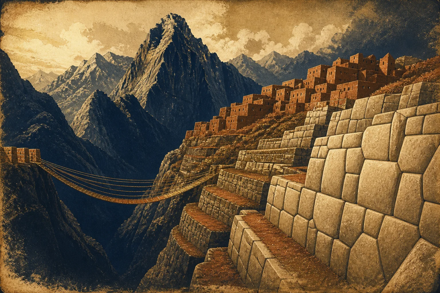 Composição ilustrativa com terraços recortando uma encosta andina, muralha de blocos encaixados e caminho de pedra subindo entre nuvens em tons de granito e verde-oliva.