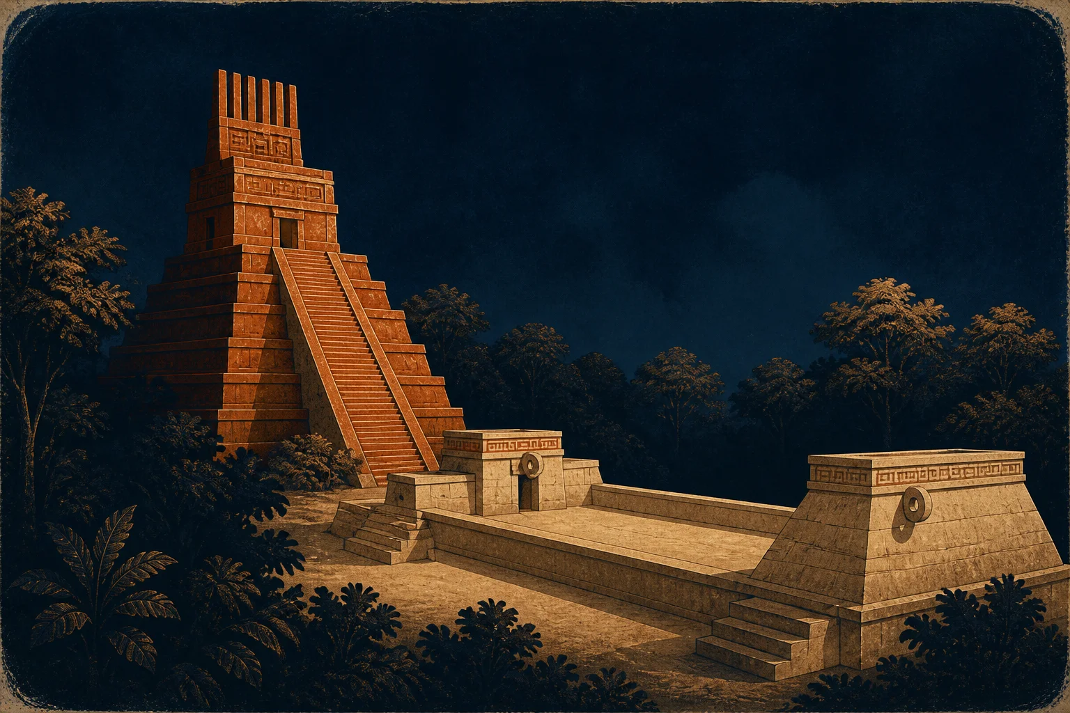 Composição ilustrativa com templo escalonado emergindo da copa da floresta, estelas gravadas em primeiro plano e névoa matinal em tons de esmeralda e calcário claro.