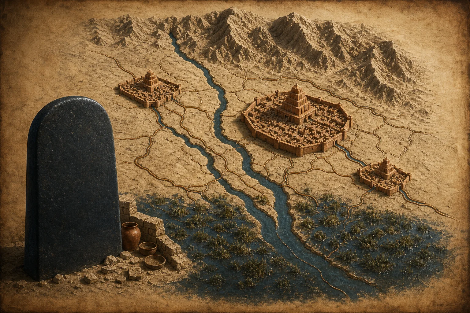 Composição ilustrativa com dois cursos de água, campos irrigados, muralha de tijolo e tabuleta de argila em primeiro plano, em tons de areia e cobre, evocando a Mesopotâmia Antiga.