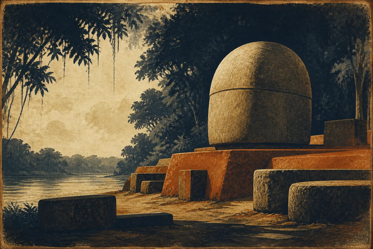 Composição ilustrativa com cabeça colossal de basalto em primeiro plano, plataformas de terra e vegetação tropical densa em tons de verde-escuro e pedra.