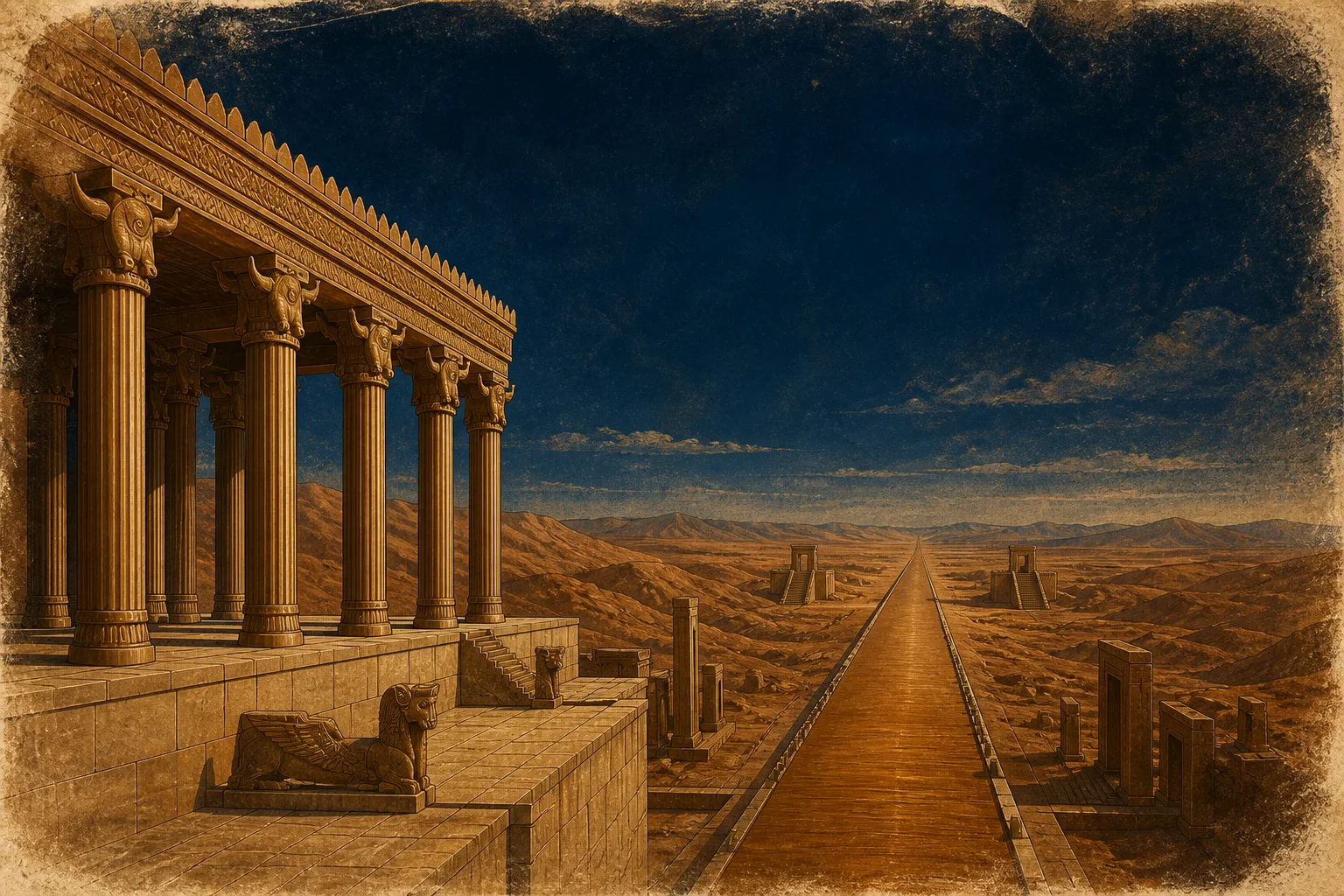Composição ilustrativa com terraço de pedra, colunas altas e relevo de procissão em tons de ocre e azul profundo, evocando a Pérsia Aquemênida.