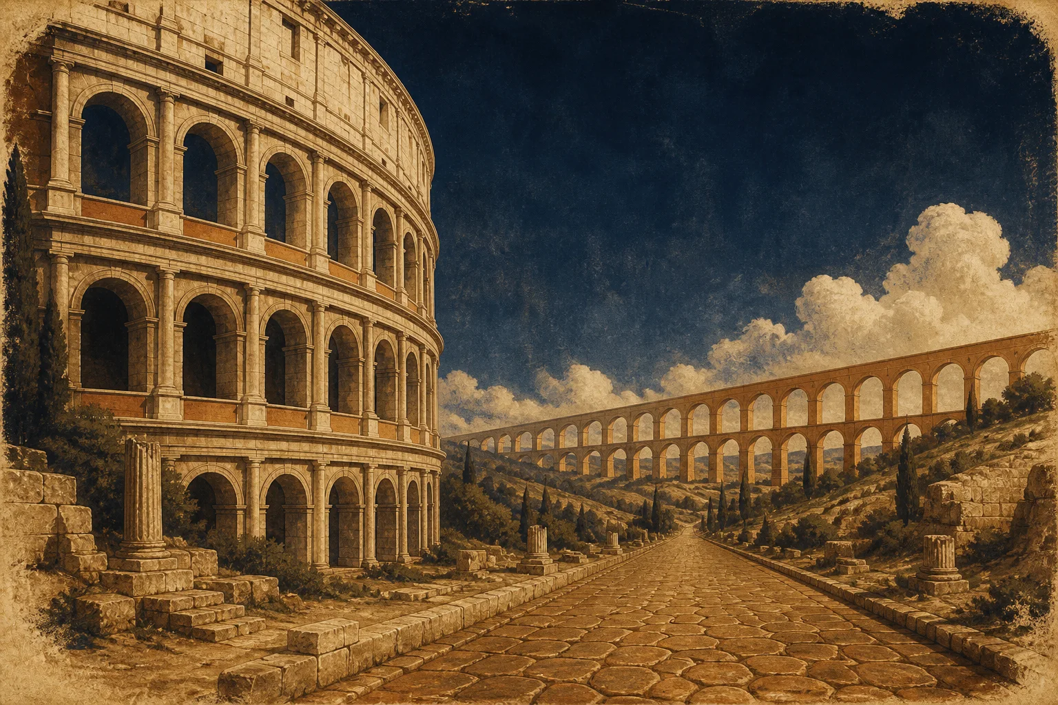 Composição ilustrativa com arcadas de aqueduto, via pavimentada em lajes e um volume abobadado ao fundo, em tons de ocre e pedra clara, evocando a Roma Antiga.