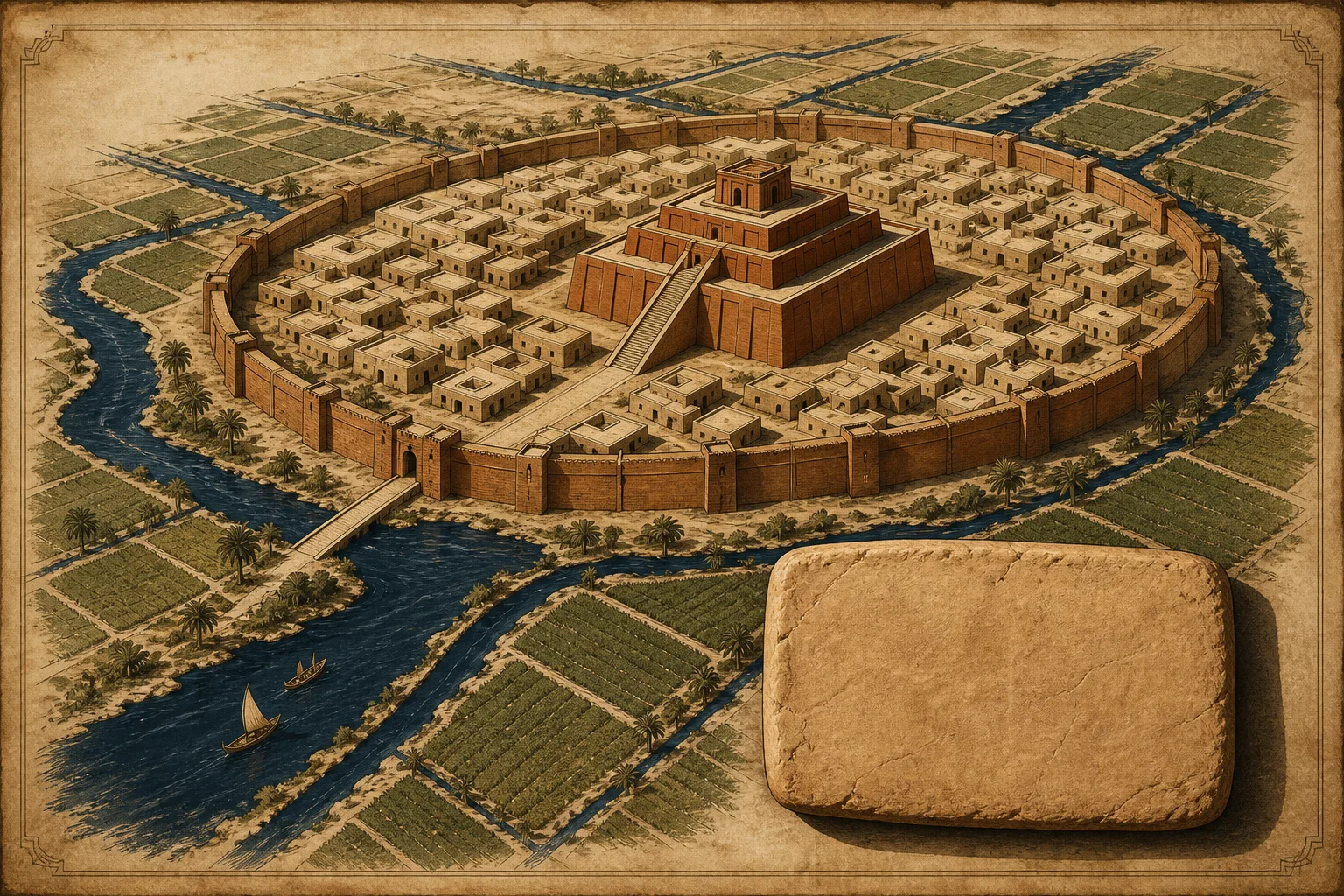 Composição ilustrativa com planície cortada por canais, muralha de tijolo cru e volume escalonado de ziggurat em tons de ocre e âmbar, evocando as cidades da Suméria.