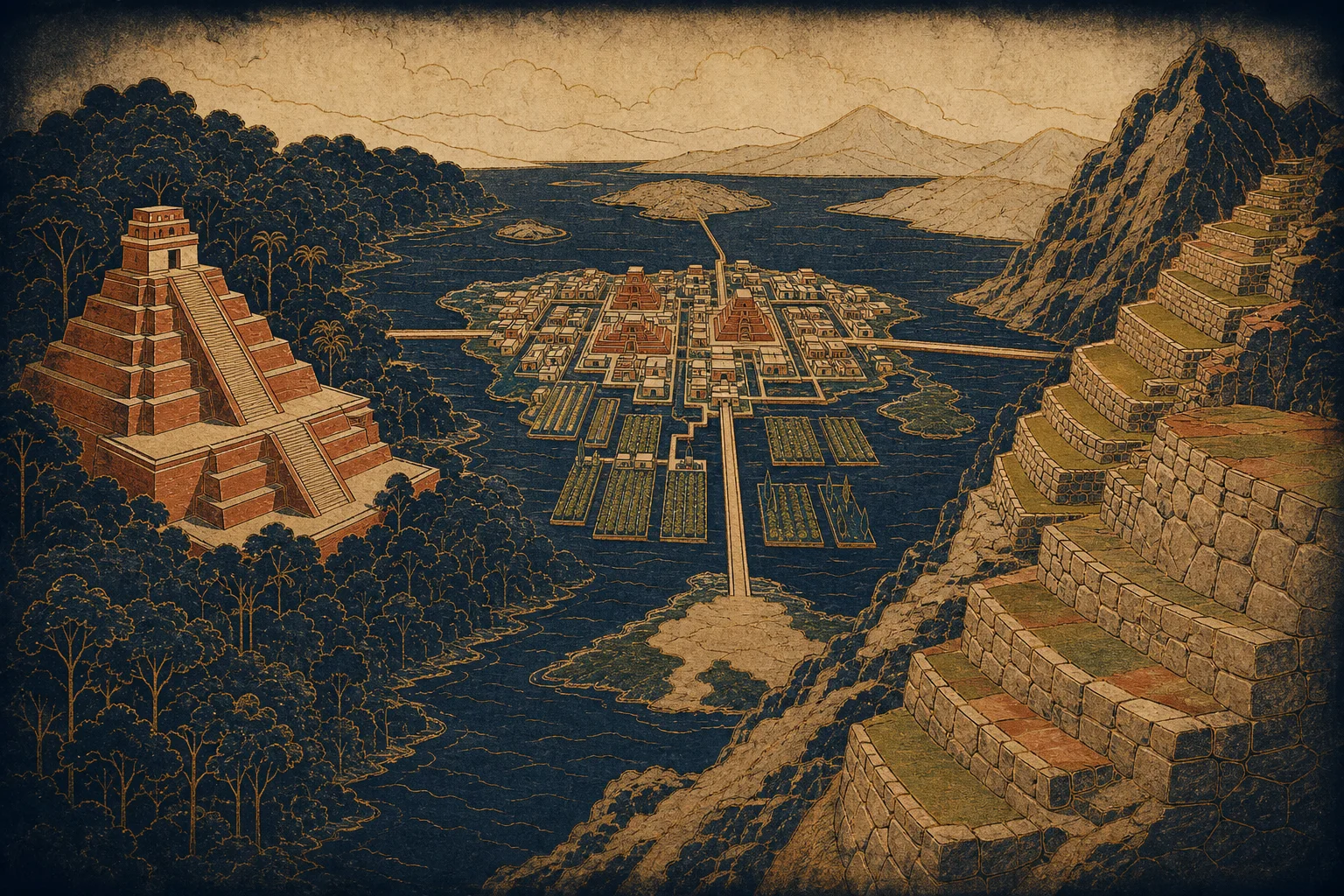 Composição ilustrativa com plataforma escalonada, terraços agrícolas e motivo geométrico em tons de terracota e bronze sobre fundo azul-escuro.
