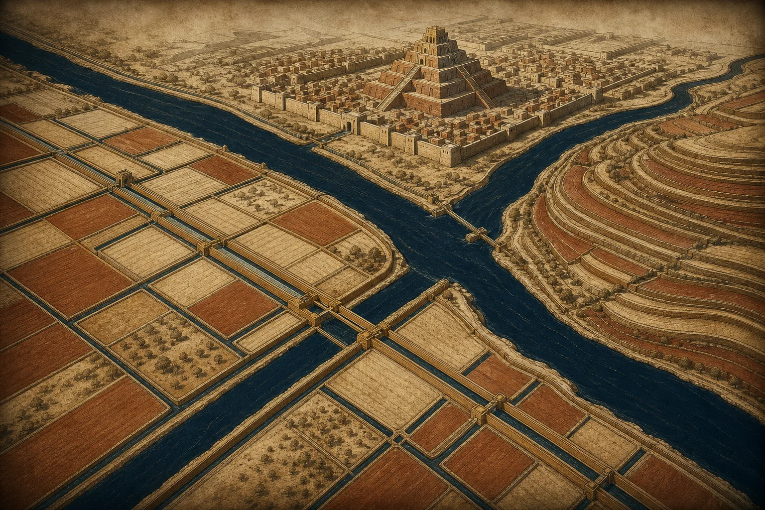 Composição ilustrativa com terraços de cultivo, canal de irrigação e volume de tijolo em degraus, em tons de terracota e bronze sobre fundo azul-escuro.
